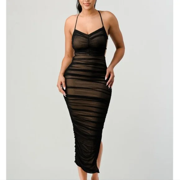 New, Mesh Ruched Maxi Dress in blk/nude with a drawstring lace-up back. - Picture 3 of 7